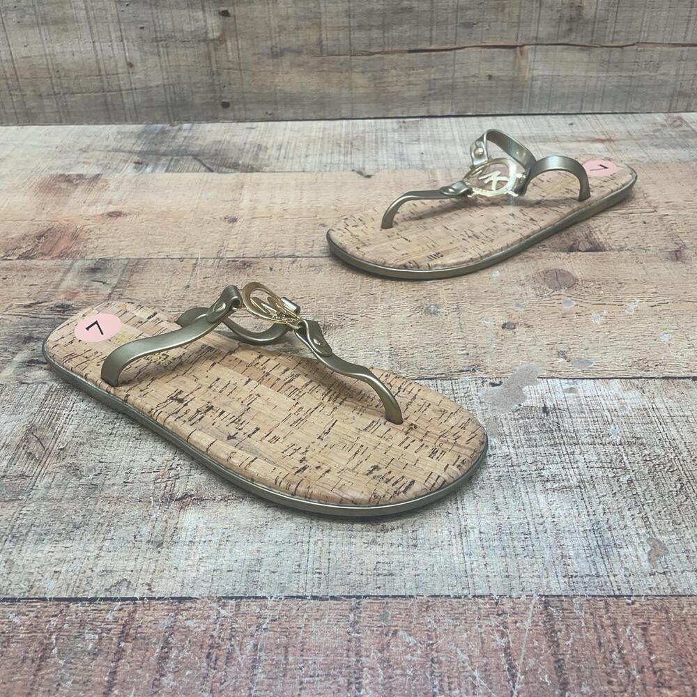 Michael Kors Sandals Womens Size 7 37.5 Gold Cork Thong Flip Flop Logo Shoes